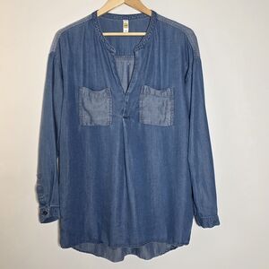 LOLE tencil chambrey2 tone blue Tunic Shirt with Chest Pockets Size Medium